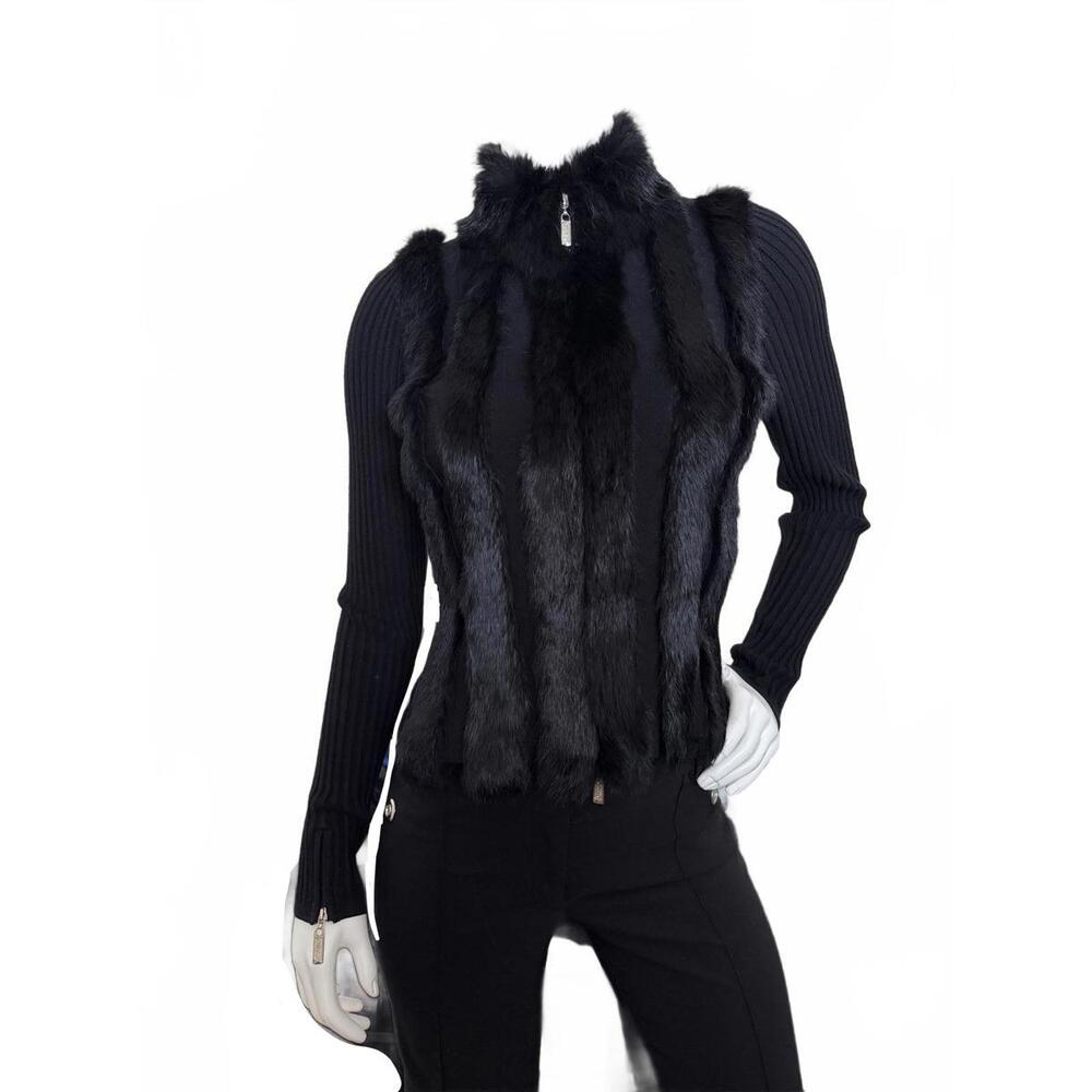 Cabo Black Ribbed Knit Jacket Faux Fur Trim Zip Front Size Small